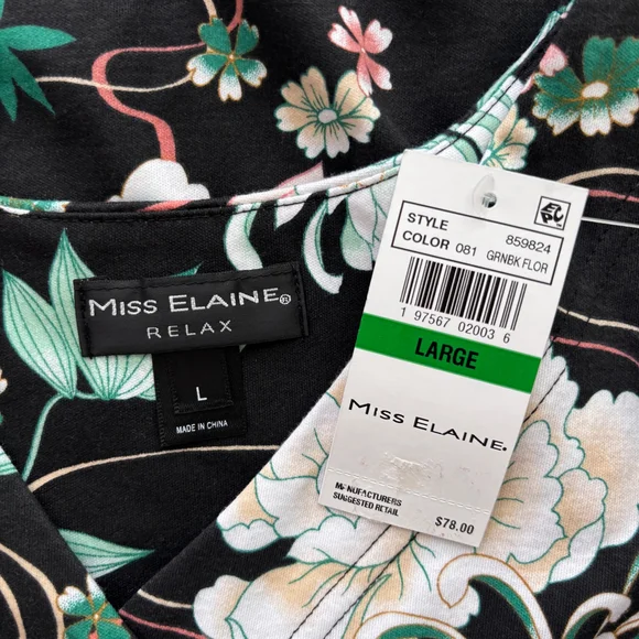 Miss Elaine Women's Large Black Floral Short-Sleeve Floral Snap Robe NWT - Picture 5 of 5